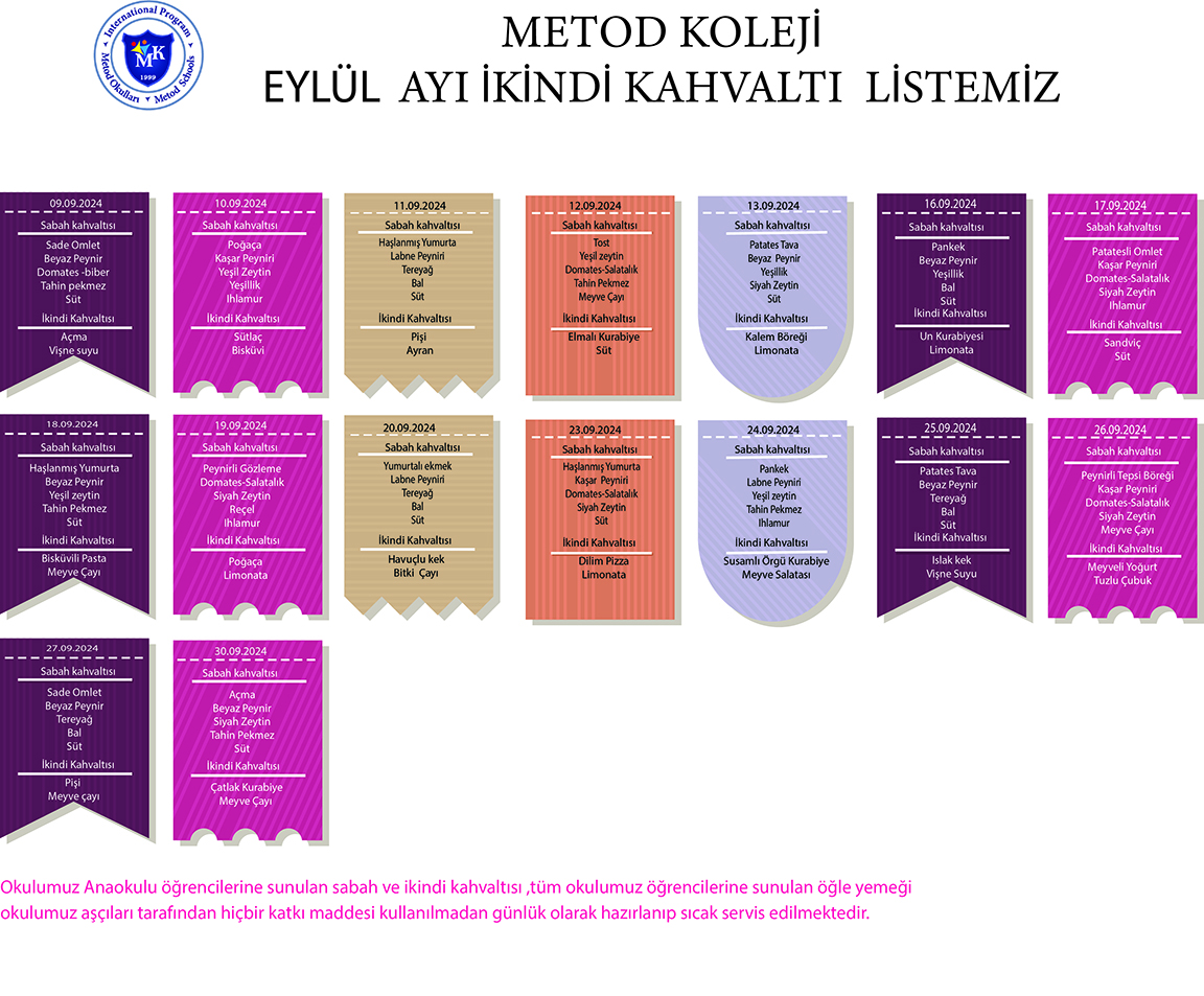 YEMEK LİSTESİ ANAOKULU KAHVALTI İKİNDİ